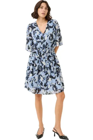 Kaffe Short Dresses, female, , Size: L Blue Flower Print Dress with V-Neck
