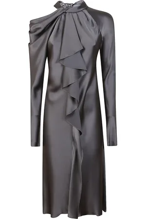 Alberta Ferretti Midi Dresses, female, , Size: XS Grey Silk Satin Dress with Scarf Collar