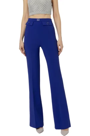 Elisabetta Franchi Wide Trousers, female, , Size: M Indigo Palazzo Pants with Logo Waistband