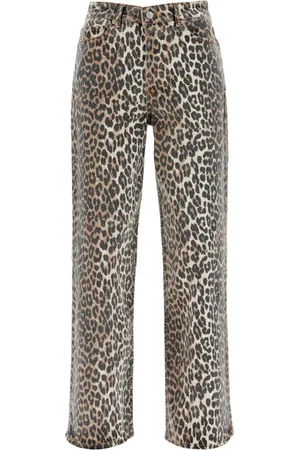 Ganni Straight Trousers, female, , Size: W26 Leopard Print Wide Leg Jeans