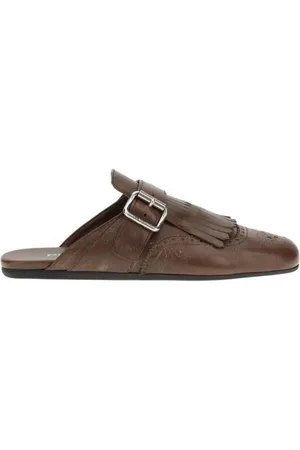 Prada Mules, female, , Size: 9 US Fringed Leather Sabot with Buckle Closure
