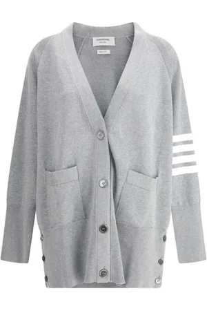 Thom Browne Cardigans, female, , Size: 2XS Striped V-Neck Oversized Cardigan with Patch Pockets