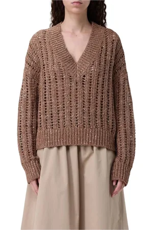 Brunello Cucinelli Round-neck Knitwear, female, , Size: S Sequin Knit V-Neck Sweater