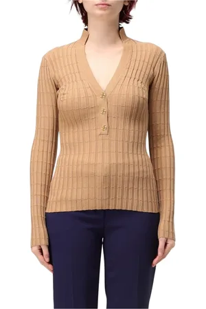 Elisabetta Franchi V-neck Knitwear, female, , Size: 2XL Camel V-Neck Knit Sweater