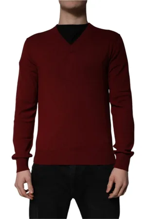 Dolce & Gabbana Cashmere Knitwear, male, , Size: M Maroon Cashmere V-neck Pullover Sweater