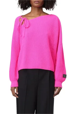 Msgm V-neck Knitwear, female, , Size: L Fuchsia RibKnit TieNeck Sweater