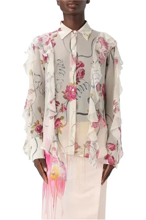 BLUMARINE Shirts, female, , Size: L White Floral Silk Blouse Ruffled Sleeves