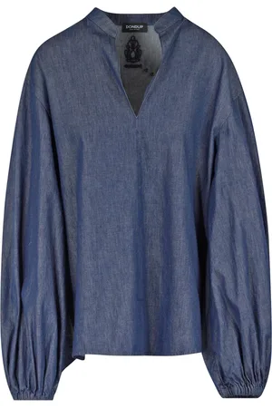 Dondup Blouses, female, , Size: XS Denim V-Neck Blouse with Balloon Sleeves