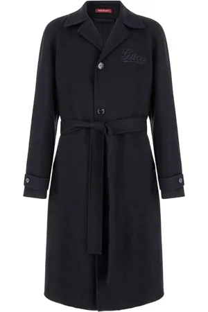 Gucci Belted Coats, male, , Size: L Wool Long Coat with Embroidered Lettering