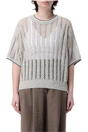 Brunello Cucinelli Round-neck Knitwear, female, , Size: XL Openwork Knit Pullover