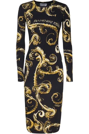 VERSACE Midi Dresses, female, , Size: S Baroque Print Black Dress Long Sleeves
