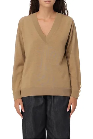 Michael Kors V-neck Knitwear, female, , Size: M Camel V-Neck Wool Sweater