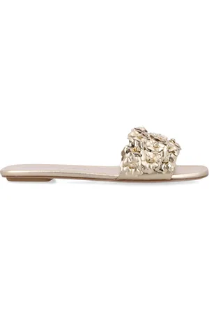Stuart Weitzman Sliders, female, , Size: 11 US Golden Closed Flat Slide with Floral Embellishments