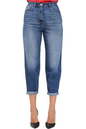Elisabetta Franchi Cropped Jeans, female, , Size: W30 Denim Boyfriend Jeans with Turn-Up