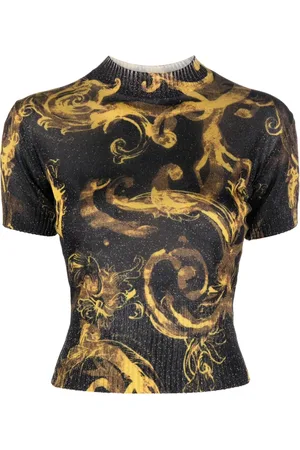 VERSACE T-Shirts, female, , Size: XS Barocco-print knitted top in