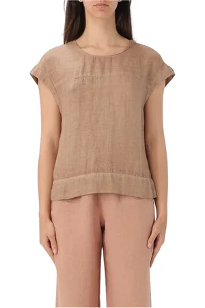 120% Lino Blouses, female, , Size: XS Beige Linen Top Short Sleeves