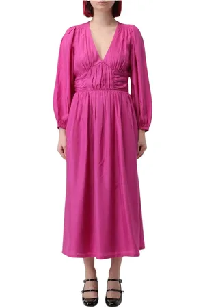 SEA Midi Dresses, female, , Size: 2XS Fuchsia Silk Midi V-Neck Dress