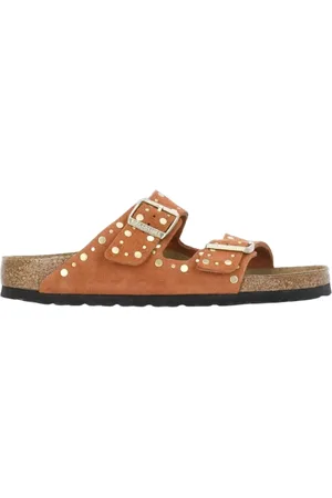 Birkenstock Sliders, male, , Size: 7 US Studded Suede Sandals in Brick