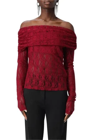 ROTATE Long Sleeve Tops, female, , Size: 2XS Burgundy Lace Off-Shoulder Top