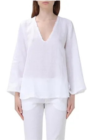 120% Lino Blouses, female, , Size: M Linen V-Neck Blouse