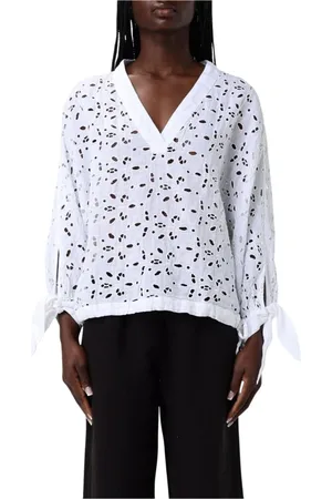 120% Lino Blouses, female, , Size: M Embroidered Blouse with Tie Cuffs