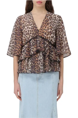 Ganni Blouses, female, , Size: XS Leopard Print Pleated Blouse