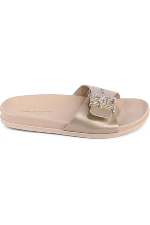 Tommy Hilfiger Sliders, female, , Size: 8 US Gold Leather Sandal Elegant Style
