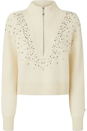 Pinko Turtlenecks, female, , Size: XS White Boxy Sweater with Crystal Embellishments