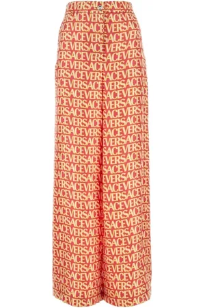 VERSACE Wide Trousers, female, , Size: XS Printed silk wide-leg pant