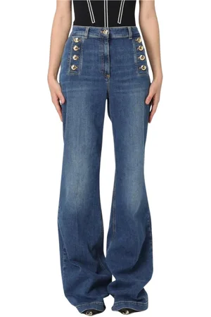 Elisabetta Franchi Wide Jeans, female, , Size: W31 Gold Button Wide Leg Jeans
