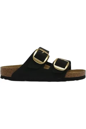 Birkenstock Sliders, female, , Size: 6 US Flat Sandals Pin Buckle Logo