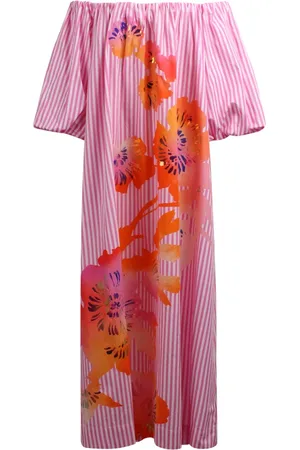 Essentiel Antwerp Maxi Dresses, female, , Size: L Striped Off-Shoulder Maxi Dress with Floral Embellishments
