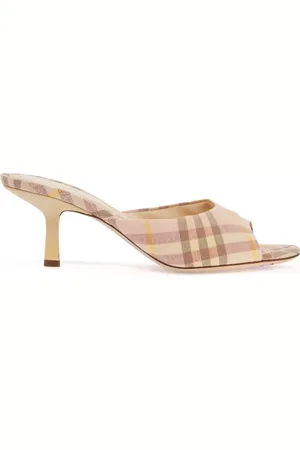 Burberry Heeled Mules, female, , Size: 6 US Check Linen Mule Sandals with Heel