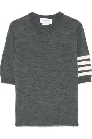 Thom Browne Round-neck Knitwear, female, , Size: XS Grey Crew Neck Sweater with Sheer Sleeves