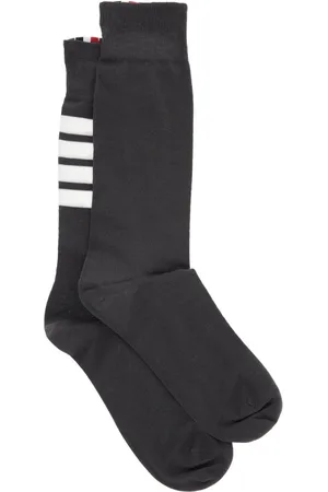 Thom Browne Socks, female, , Size: ONE SIZE Dark Cotton Socks with White Stripes