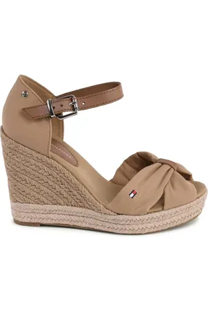 Tommy Hilfiger Wedges, female, , Size: 11 US Khaki Cotton Leather Wedge Sandals