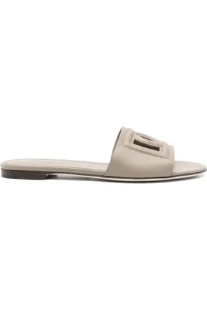 Dolce & Gabbana Sliders, female, , Size: 9 US Taupe Grey Leather Cut-Out Sandals