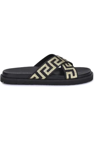 VERSACE Sliders, male, , Size: 11 US Greca Motif Leather Sandals