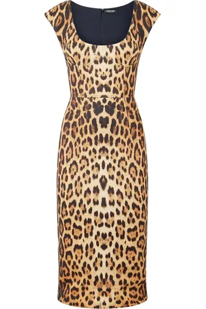 Roberto Cavalli Midi Dresses, female, , Size: L Leopard Print Dress with Cap Sleeves