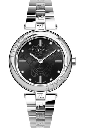 VERSACE Watches, female, , Size: ONE SIZE Black Dial Stainless Steel Watch