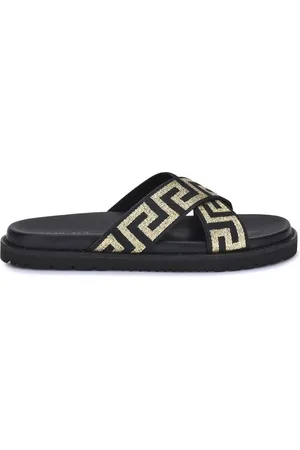 VERSACE Sliders, male, , Size: 9 1/2 US Greca Sandals with Jacquard Lurex Motif