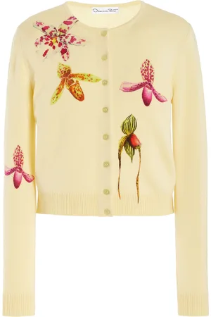 Oscar de la Renta Long Sleeve Printed Orchid Cardigan - - S - Moda Operandi