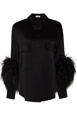 LAPOINTE Oversized Satin Button Down with Feathers - - M - Moda Operandi