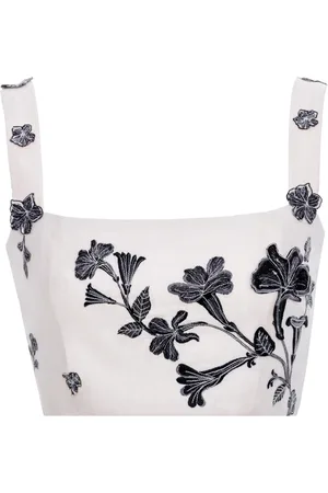 Agua by Agua Bendita Cacao Embroidered Linen Crop Top - - XS - Moda Operandi