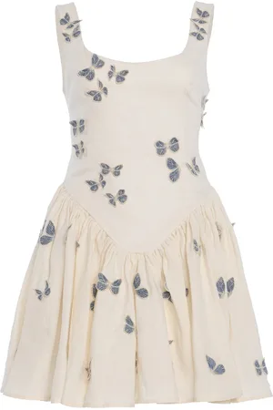 Agua by Agua Bendita Pluma Embroidered Linen Mini Dress - - S - Moda Operandi