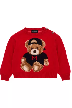 MONNALISA Boys Cardigans - Teddy bear intarsia merino sweater