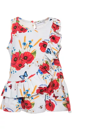 MONNALISA Girls Graduation Dresses - Jersey dress with lace edging and poppies