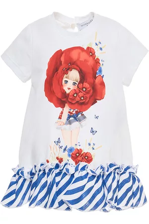 MONNALISA Girls Short Sleeved T-Shirts - Top with print of a girl lace trimmings