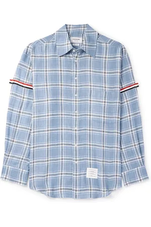 Thom Browne Oversized Logo-Appliquéd Grosgrain-Trimmed Checked Linen Shirt - Men - - 3