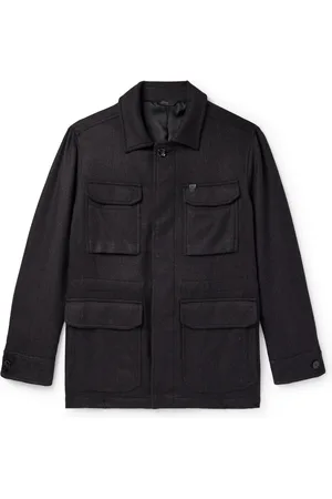BRIONI Camp-Collar Logo-Appliquèd Herringbone Cashmere and Silk-Blend Jacket - Men - - XL